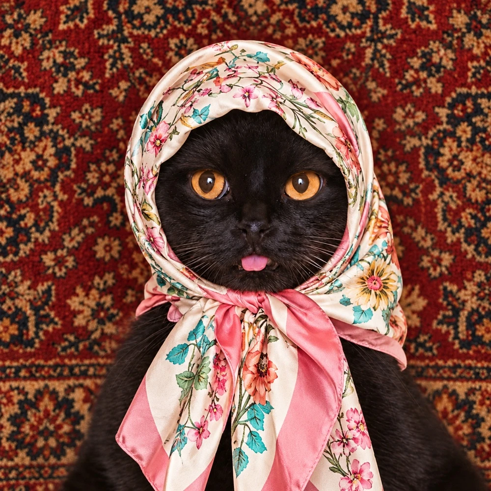 A wide-eyed black cat with a tiny pink tongue, wearing an ivory floral headscarf in front of a traditional burgundy carpet.